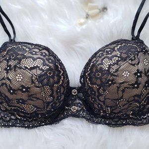 Sexy strappy lace pale gold plunge push-up bra